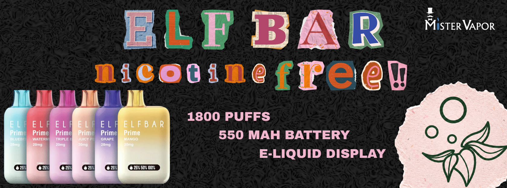 Elf Bar nicotine-free vape device with colorful packaging on a black background