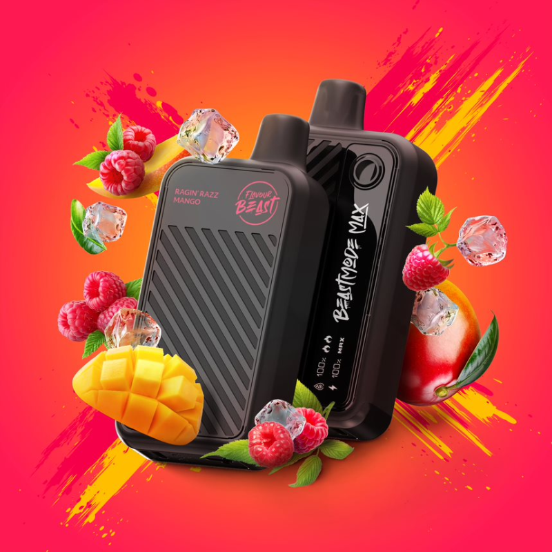 RAGIN' RAZZ MANGO FLAVOUR BEAST BEAST MODE MAX - 18,000 PUFFS 20mL e-liquid, 850mAh rechargeable battery, Battery and E-liquid Display  3 Modes: Standard (18K), Beast (15K), MAX (12K)