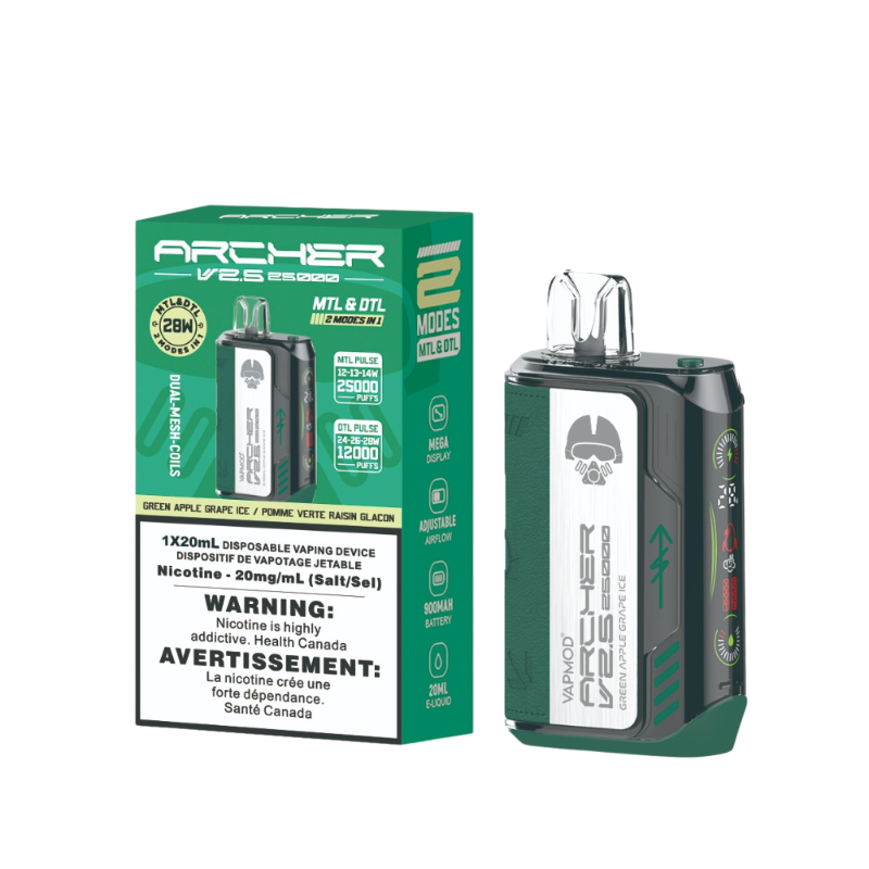 BUY ARCHER VAPMOD 25k GREEN APPLE GRAPE ICE  DISPOSABLE VAPE MISTER VAPOR CANADA