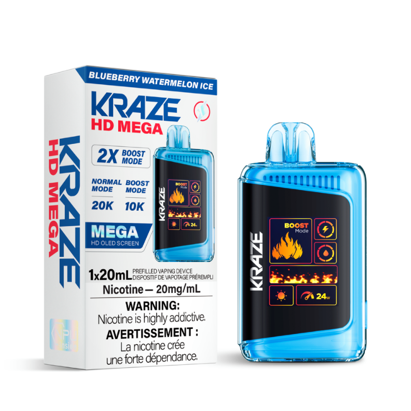 BLUEBERRY WATERMELON ICE KRAZE HD MEGA (20000 PUFFs) DISPOSABLE VAPE  Experience the ultimate chill with a blend of juicy blueberry and sweet watermelon, all wrapped in a refreshing icy finish.