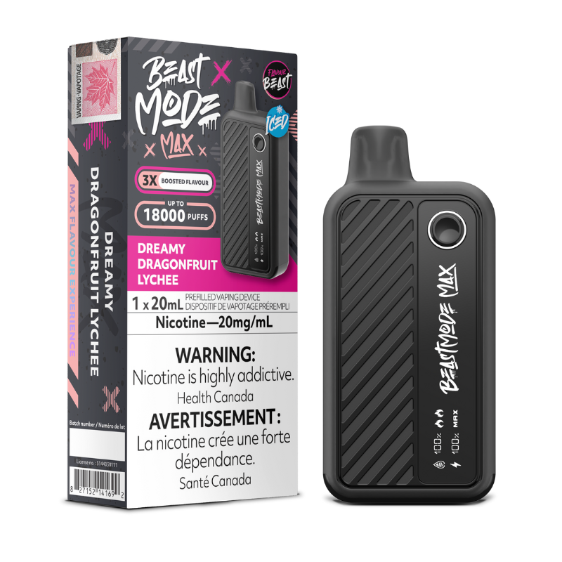 Dreamy Dragonfruit Lychee Iced Flavour Beast Beast Mode Max offers a tropical blend of sweet dragonfruit and floral lychee with a cool icy finish, up to 18,000 puffs.