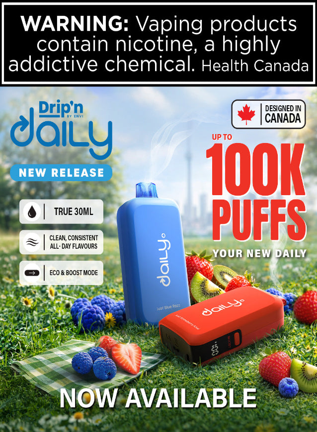 Drip'n Daily vape device with accessories on a grassy background, featuring Health Canada warning label.