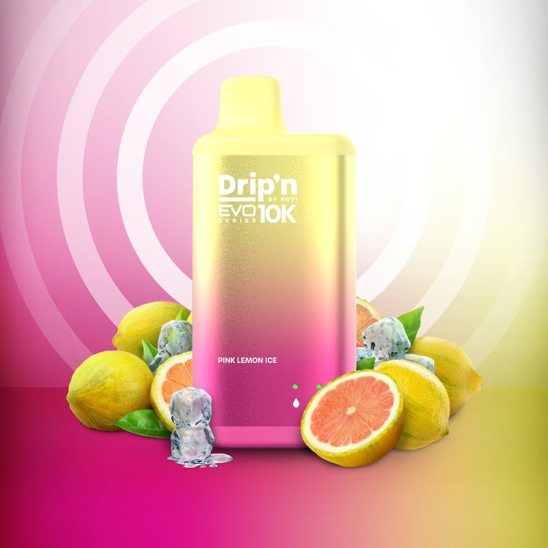 PINK LEMON ICE DRIP'N EVO 10K DISPOSABLE VAPE (10,000 PUFFs) The lively essence of pink lemons blends with a cool and revitalizing icy sensation, creating a refreshing flavor that awakens the taste buds with its vibrant citrus notes and frosty coolness. 