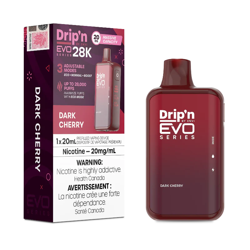 Buy Now ! DRIP'N EVO 28K DARK CHERRY with 28000 puffs ,20ml of e-liquid and rechargeable battery. Order online at MV 