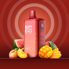 Mango Peach Watermelon Drip'n EVO 28k Disposable Vape A tantalizing blend of juicy mango, sweet peach, and refreshing watermelon that dances on your taste buds with every puff.