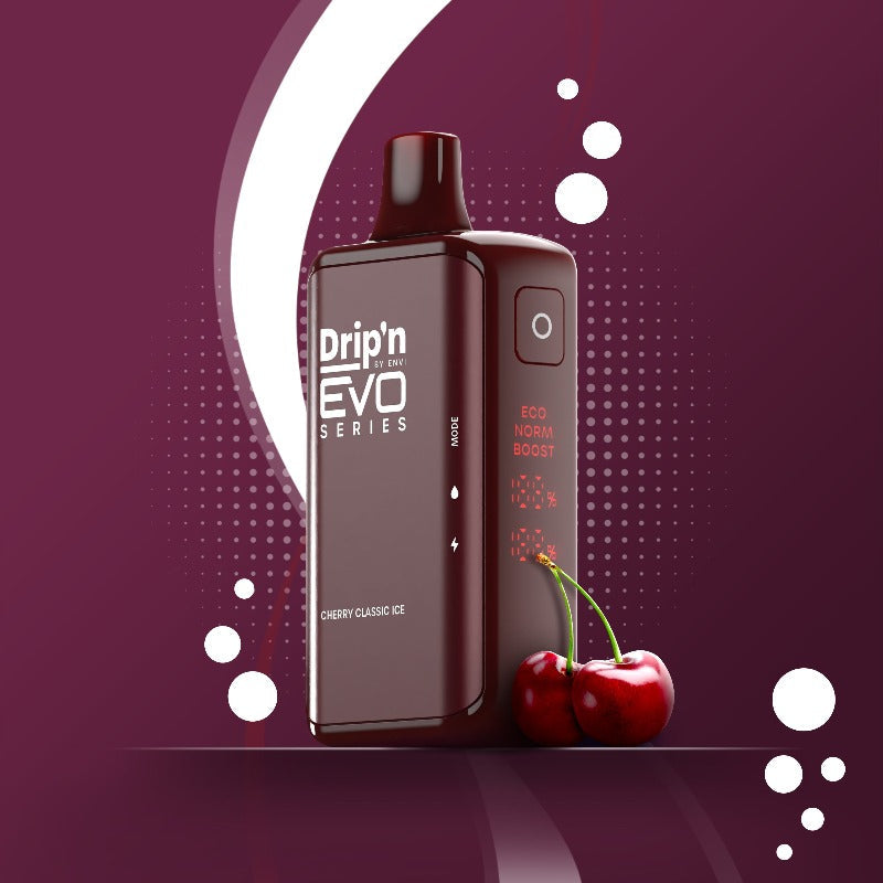 Cherry Classic Ice Drip'n EVO 28k Disposable Vape Immerse yourself in the bold, fizzy delight of Cherry Coke vape, where the rich sweetness of ripe cherries meets the classic, refreshing taste of cola.