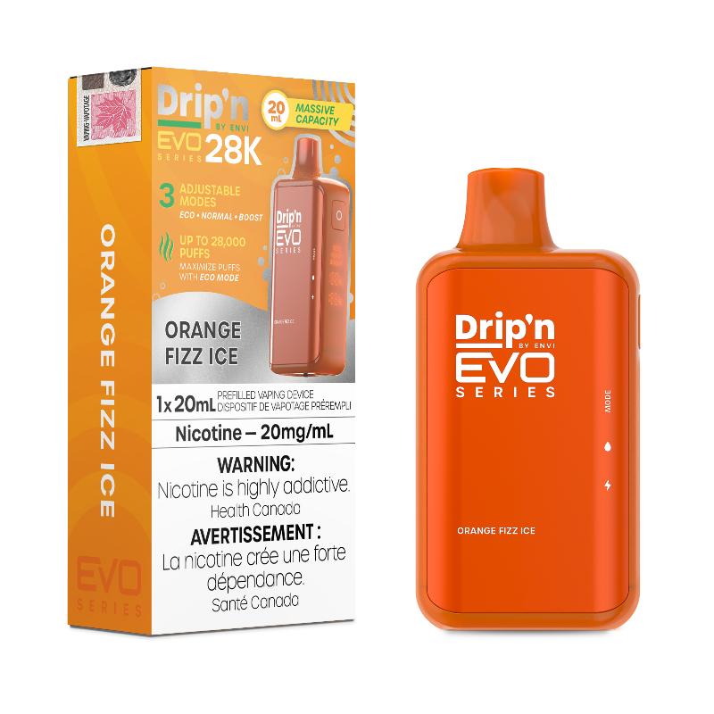 Orange Fizz Ice Drip'n EVO 28k Disposable Vape It delivers a refreshing burst of tangy orange flavor, perfectly balanced with a cool, icy finish for an invigorating vape experience.