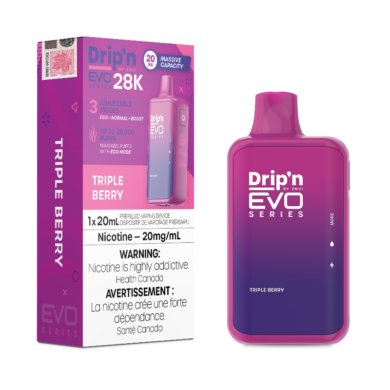 Triple Berry Drip'n EVO 28k Disposable Vape Showcasing the full splendor of tartness, this delightful creation is brimming with the vibrant flavors of blueberry, strawberry, and pomegranate, forming an iconic trio that tantalizes the taste buds.