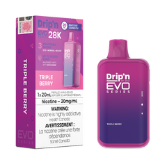 Triple Berry Drip'n EVO 28k Disposable Vape Showcasing the full splendor of tartness, this delightful creation is brimming with the vibrant flavors of blueberry, strawberry, and pomegranate, forming an iconic trio that tantalizes the taste buds.