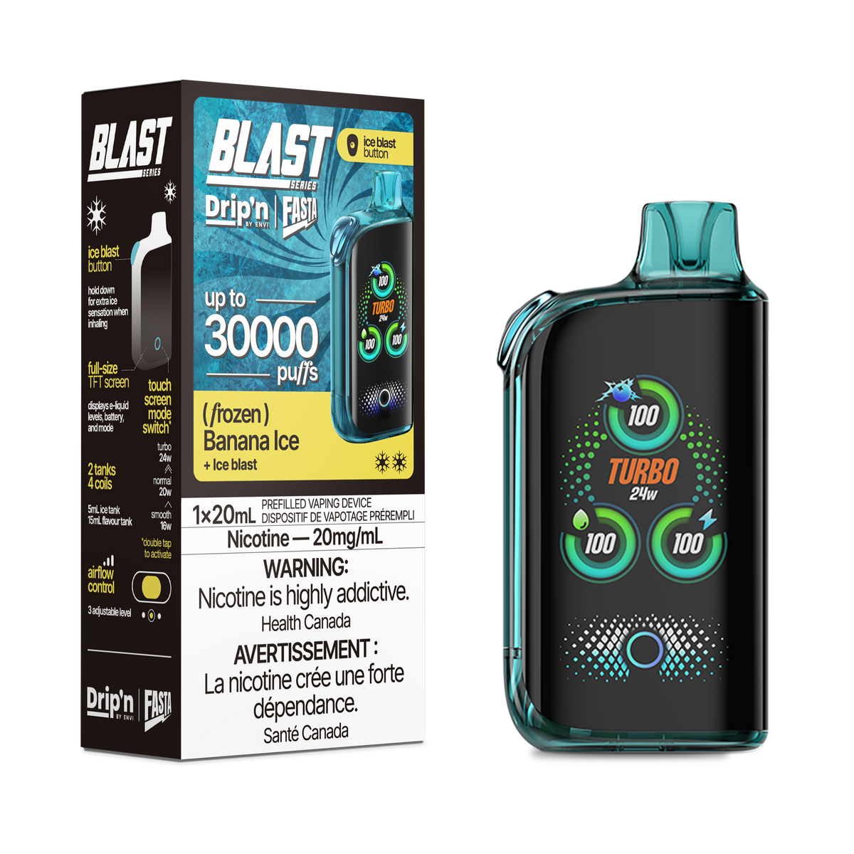 New In! Banana ice Drip'n fasta blast by envi disposable featuring 30000 puffs and ice blast mode with long lasting battery. Buy now at mister vapor