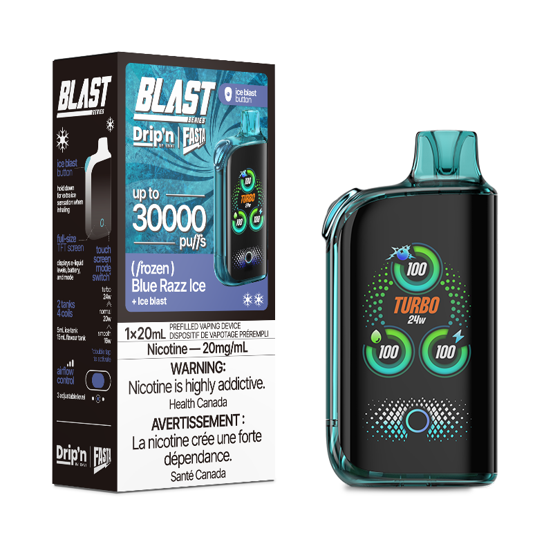 New In! Blue Razz ice Drip'n fasta blast by envi disposable featuring 30000 puffs and ice blast mode with 3 power modes. Buy now at mister vapor