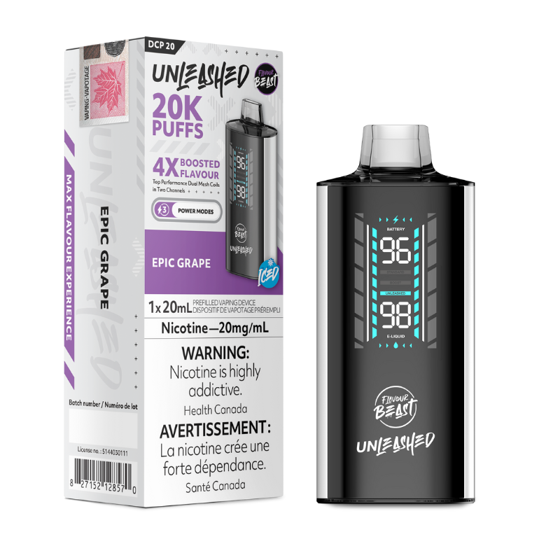 Epic Grape Iced Flavour Beast DCP 20K Disposable Vape Juicy, fresh grapes bursting with a bold, tangy flavor and a perfect touch of tartness. 20,000 puffs, 20mL, three Power Modes: Standard, Boost, Unleashed.