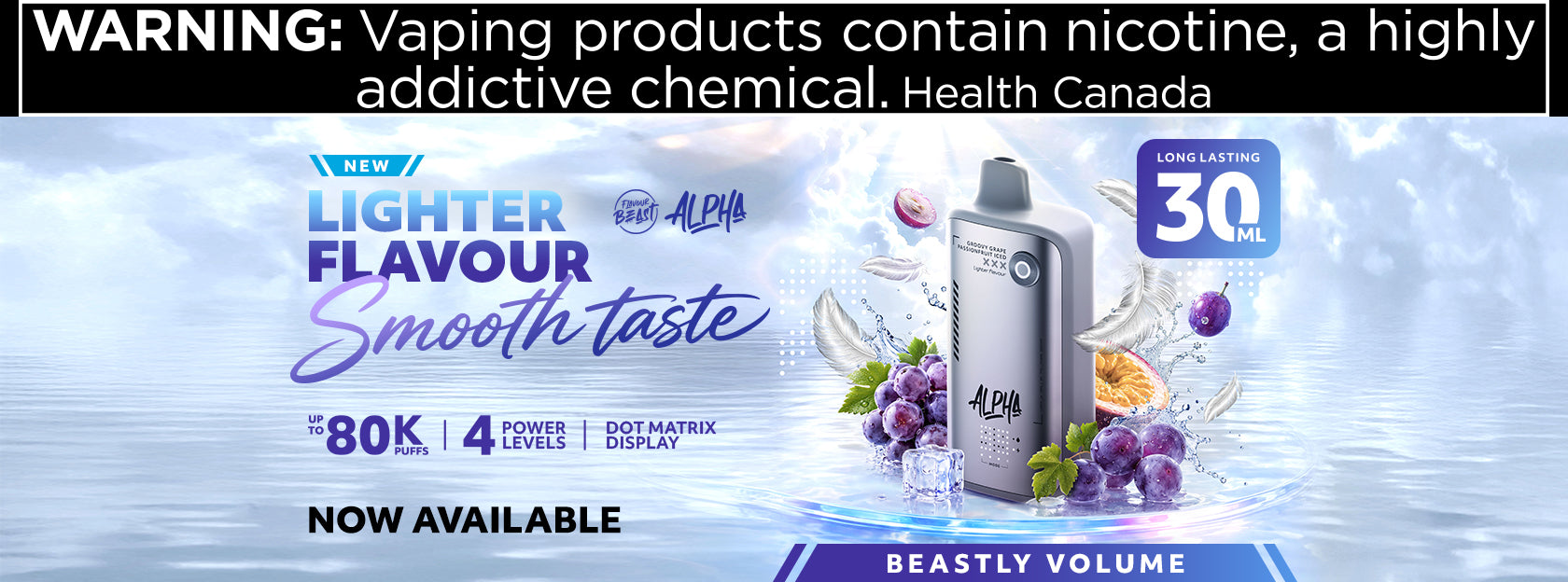 Promotional graphic for an ALBA vape device, featuring a silver and black vape unit with grape graphics, water droplets, and text highlighting 'Lighter Flavour Smooth taste', '30 ml', '80K', and 'Now Available'.
