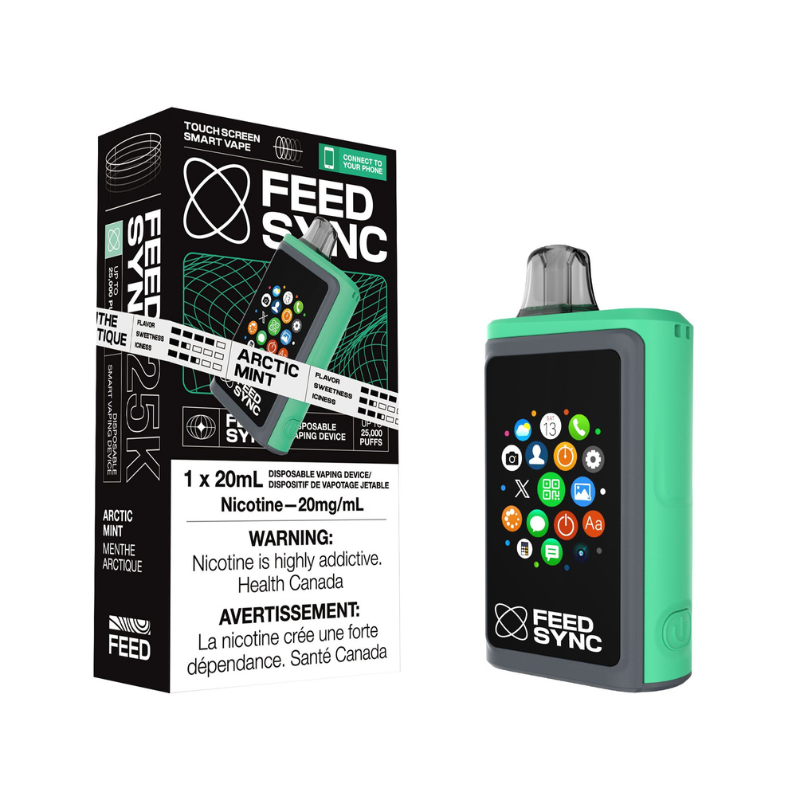 Arctic Mint Feed Sync Disposable Vape - 25,000 Puffs Cool Mentos mint with a frosty, refreshing finish. Get ready to elevate your vaping game with the Feed Sync Disposable Vape—the world’s first smart disposable vape that’s packed with jaw-dropping features! This amazing device easily connects to both Android and Apple phones, giving you cool perks like SMS alerts, camera control, call functionality, social media updates, and even gaming.