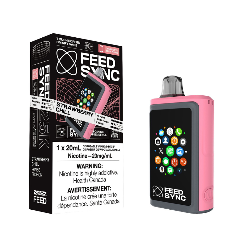 Strawberry Chill Feed Sync Disposable Vape - 25,000 Puffs. Sweet strawberries and cool menthol for a refreshing, calming vape. Get ready to elevate your vaping game with the Feed Sync Disposable Vape—the world’s first smart disposable vape that’s packed with jaw-dropping features! This amazing device easily connects to both Android and Apple phones, giving you cool perks like SMS alerts, camera control, call functionality, social media updates, and even gaming.