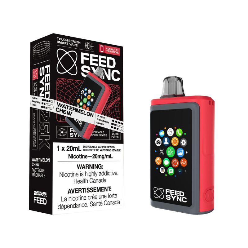 Watermelon Chew Feed Sync Disposable Vape - 25,000 Puffs The sweet, nostalgic taste of watermelon bubble gum. Get ready to elevate your vaping game with the Feed Sync Disposable Vape—the world’s first smart disposable vape that’s packed with jaw-dropping features! This amazing device easily connects to both Android and Apple phones, giving you cool perks like SMS alerts, camera control, call functionality, social media updates, and even gaming. 