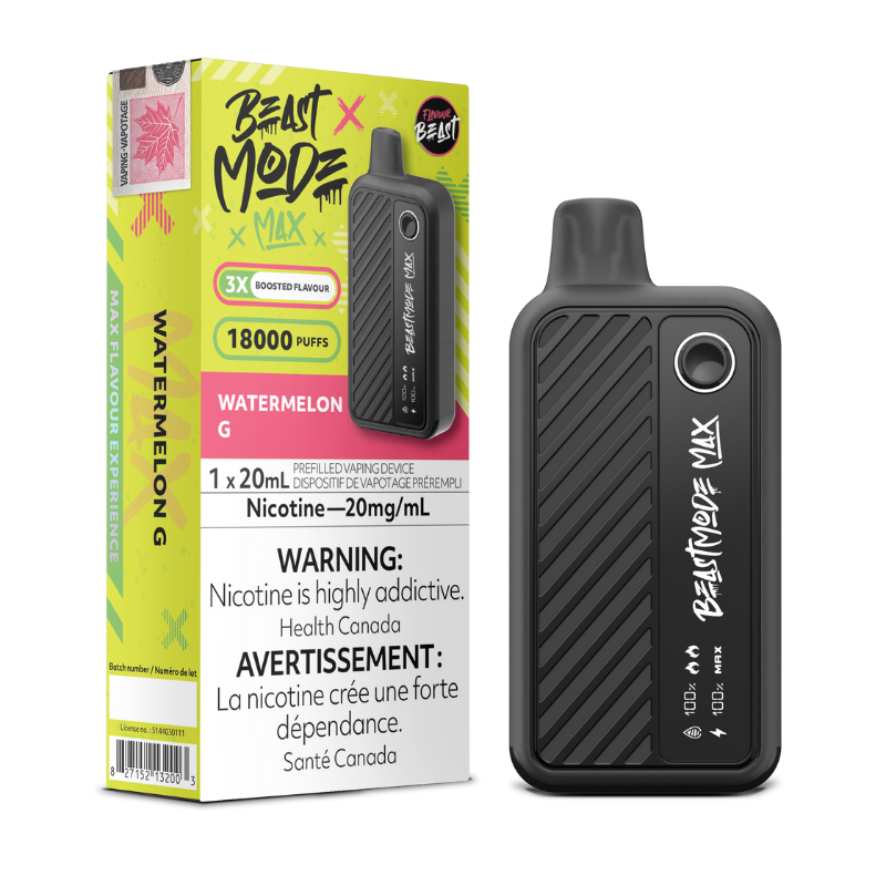 WATERMELON G FLAVOUR BEAST BEAST MODE MAX - 18,000 PUFFS 20mL e-liquid, 850mAh rechargeable battery, Battery and E-liquid Display  3 Modes: Standard (18K), Beast (15K), MAX (12K)