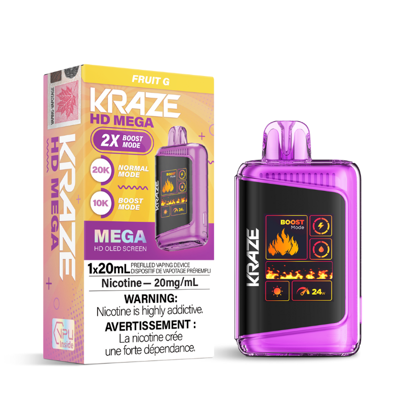 FRUIT G KRAZE HD MEGA (20000 PUFFs) DISPOSABLE VAPE Indulge in a burst of playful, fruity flavours that dance on your taste buds, ending with an iconic, irresistible fruity finish. 