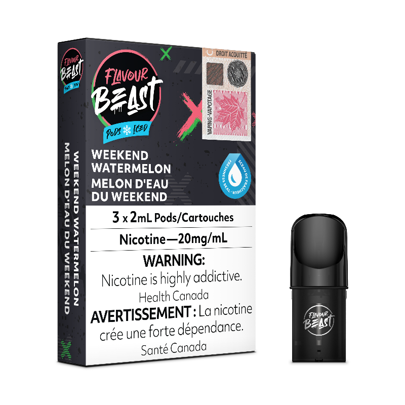 AVALIABLE NOW FLAVOUR BEAST WEEKEND WATERMELON ICED PODS MISTER VAPOR CANADA