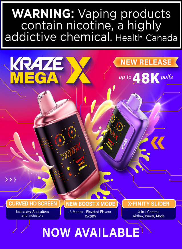 Advertisement for Kraze Mega X vaping device with colorful design and product features highlighted.