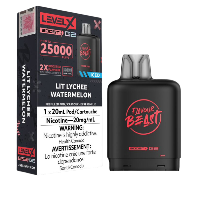 LIT LYCHEE WATERMELON ICED LEVEL X BOOST PODS Get litty with mouth-watering bites of luscious lychee and refreshing watermelon slices!