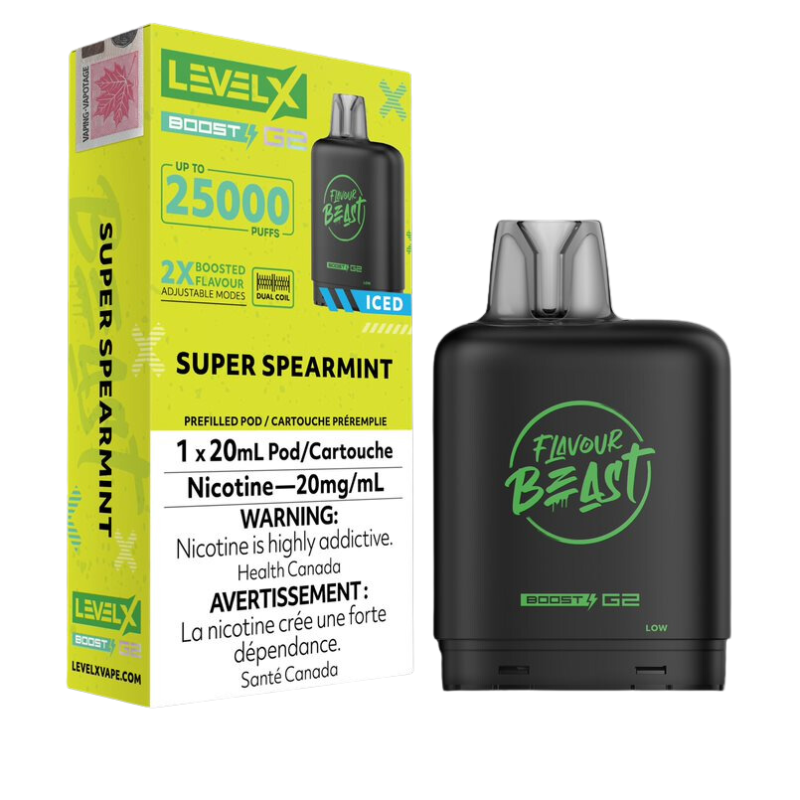 SUPER SPEARMINT ICED LEVEL X BOOST PODS
This flavour is a superstar! The sweet and slightly sharp minty taste is sure to lend an unexpected twist. Super cool and madly refreshing.
Experience heightened vaping satisfaction with the Level X Boost Flavour Beast Pods, expertly engineered to offer an unmatched hybrid vaping encounter.