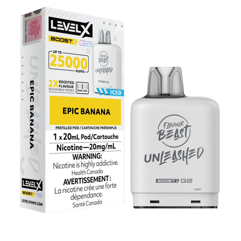 BANANA ICED EPIC LEVEL X BOOST PODS Enjoy the rich and smooth taste of perfectly ripe bananas in every puff.