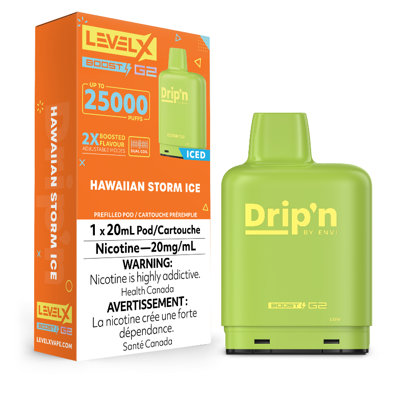 Discover the exotic blend of pineapple, mango, and passionfruit with a cool menthol twist in the LEVEL X G2 Hawaiian Storm Ice Boost Drip'n Pods. Up to 25,000 puffs, eco-friendly, and packed with intense flavour. Compatible with Level X G2 batteries.