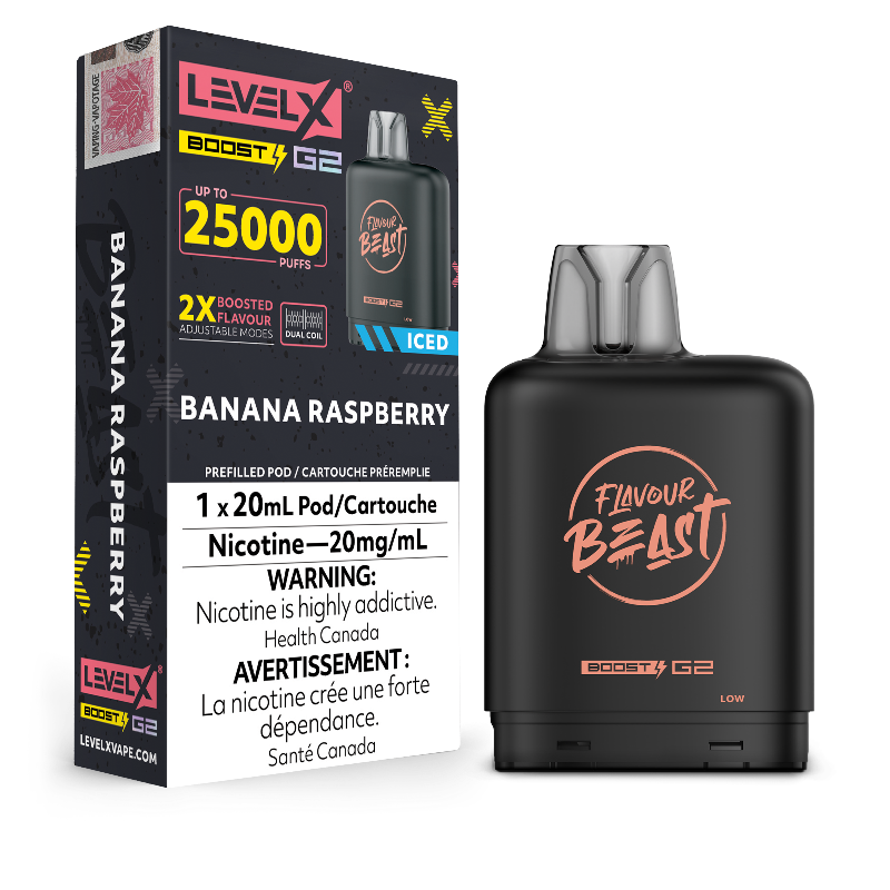 New Flavour ! BANANA RASPBERRY ICE LEVEL X BOOST PODS Buy Now , with 25000 puffs and adjustable boost modes .