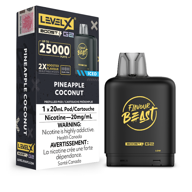 New Flavour !PINEAPPLE COCONUT ICED LEVEL X BOOST PODS Buy Now , with 25000 puffs and adjustable boost modes .