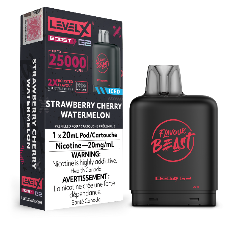 New Flavour !STRAWBERRY CHERRY WATERMELON ICED LEVEL X BOOST PODS Buy Now , with 25000 puffs and adjustable boost modes .