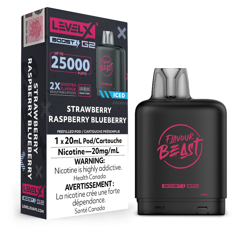 New Flavour !STRAWBERRY RASPBERRY BLUEBERRY ICED LEVEL X BOOST PODS Buy Now , with 25000 puffs and adjustable boost modes .