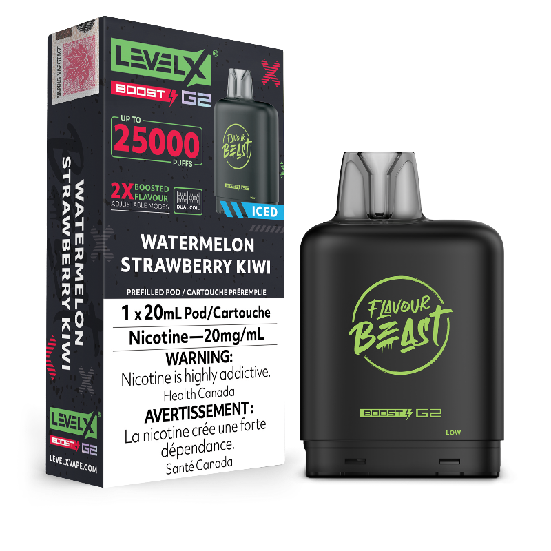 New Flavour ! WATERMELON STRAWBERRY KIWI ICED LEVEL X BOOST PODS Buy Now , with 25000 puffs and adjustable boost modes .