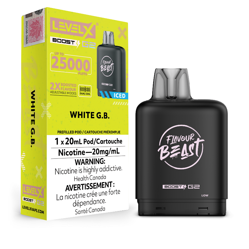 New Flavour !WHITE G.B ICED LEVEL X BOOST PODS Buy Now , with 25000 puffs and adjustable boost modes .