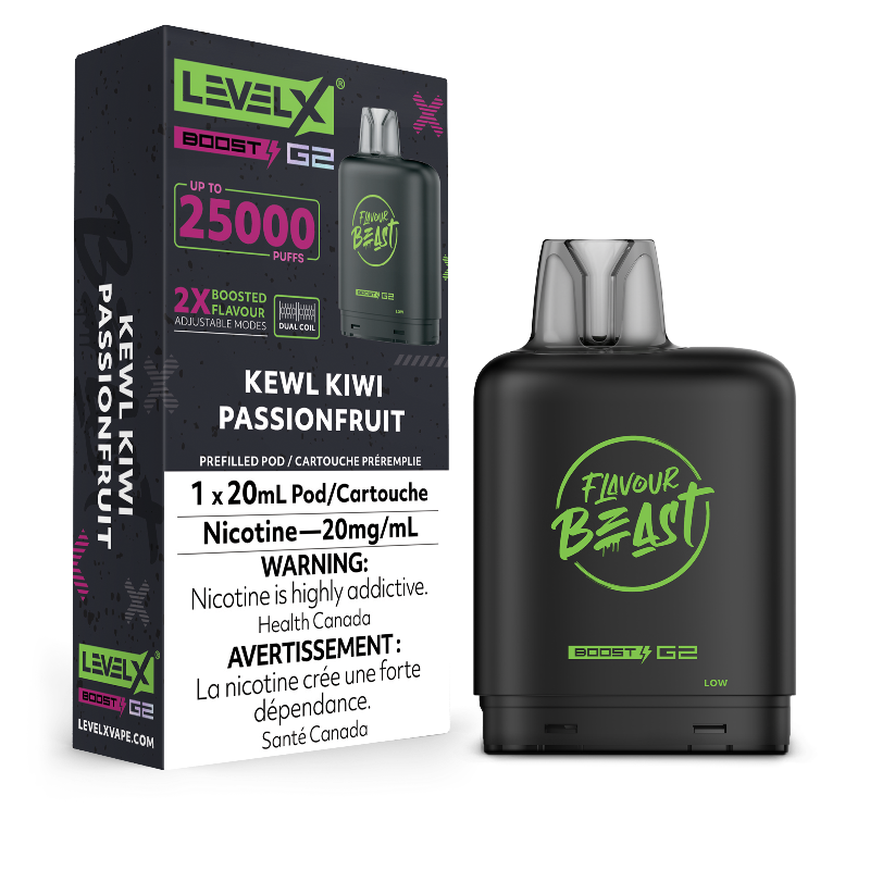 Kewl Kiwi Passionfruit Level X Boost Pods – Tropical kiwi and exotic passionfruit collide in every puff. Enjoy 15,000 puffs and unmatched flavour intensity in Boost Mode.