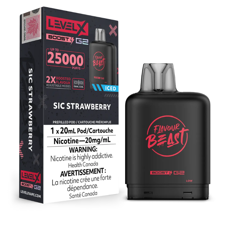 SIC STRAWBERRY ICED LEVEL X BOOST PODS Experience the impeccably balanced fusion of strawberry and ice in every puff. That ice on the exhale makes this the perfect blend. Everyone at Mister Vapor loves this flavour! 