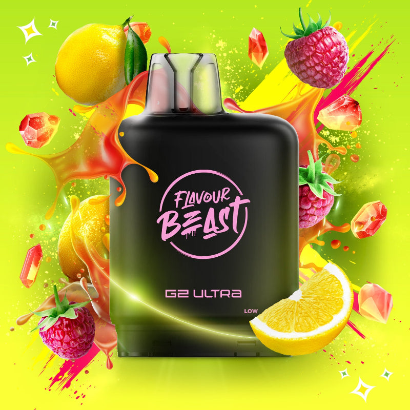Flavour Beast G2 Ultra vape device with colorful fruit graphics on a vibrant green background