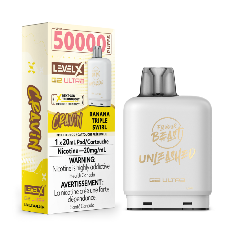 Enjoy bold flavour and 50k puffs with Banana Triple Swirl  Pod by Flavour Beast Level X Ultra G2. 20mL, dual mesh coil, adjustable airflow, and smooth hits