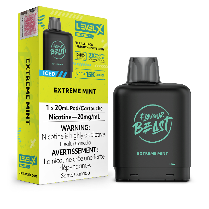 EXTREME MINT ICED LEVEL X BOOST PODS Caution: this intense minty flavor is not for the faint of heart. It's not just strong--it's EXTREME Experience heightened vaping satisfaction with the Level X Boost Flavour Beast Pods, expertly engineered to offer an unmatched hybrid vaping encounter.