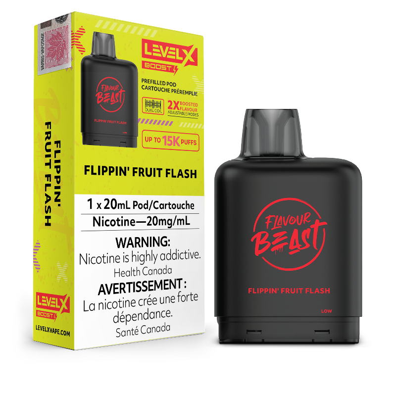 FLIPPIN' FRUIT FLASH LEVEL X BOOST PODS Indulge in the exquisite flavors of this blended fruit fusion from all the colours of the tropical fruit rainbow. Experience heightened vaping satisfaction with the Level X Boost Flavour Beast Pods, expertly engineered to offer an unmatched hybrid vaping encounter.