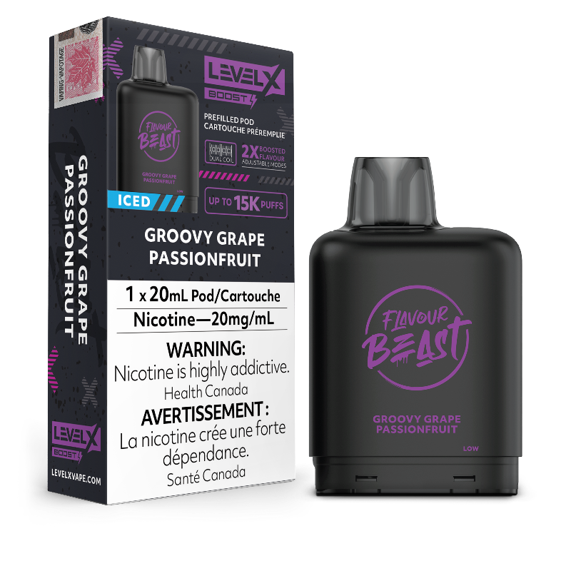 GROOVY GRAPE PASSIONFRUIT ICED LEVEL X BOOST PODS This flavour combines the best-tasting qualities of grapes that we all love with icy, bright, and exquisite passionfruit notes! Experience heightened vaping satisfaction with the Level X Boost Flavour Beast Pods