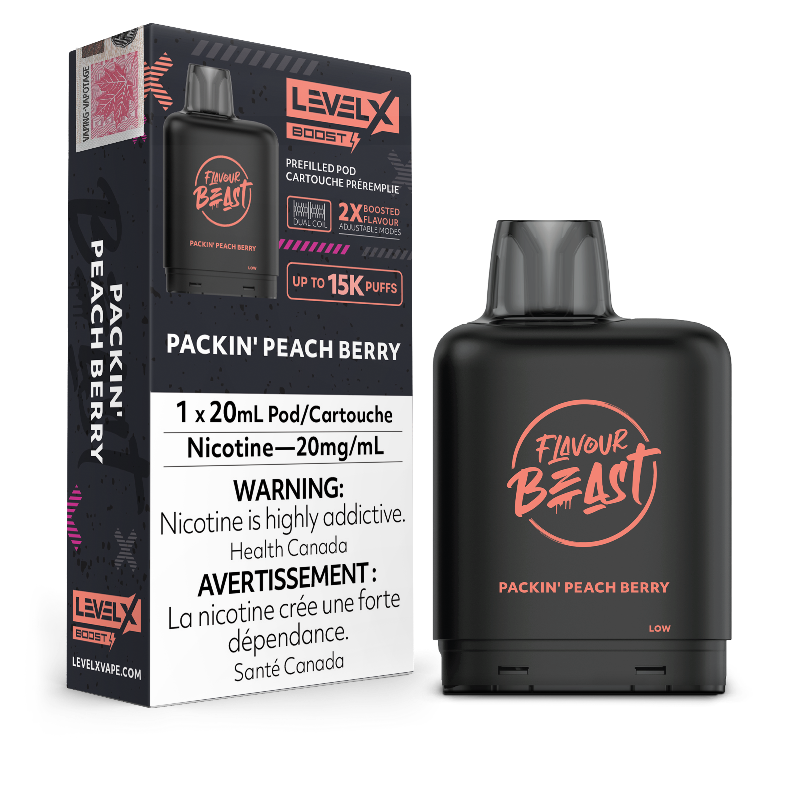 PACKIN' PEACH BERRY LEVEL X BOOST PODS This delightful fruit fusion includes juicy peaches combined with a selection of the finest sweet berries. This dynamic fruit trio will not disappoint.Experience heightened vaping satisfaction with the Level X Boost Flavour Beast Pods.