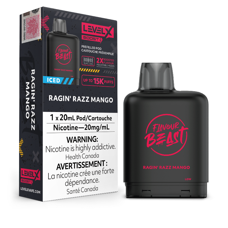 RAGIN' RAZZ MANGO ICED LEVEL X BOOST PODS Take your tastebuds on a rager with the perfect balance of savoury raspberries and super rich mangoes! Experience heightened vaping satisfaction with the Level X Boost Flavour Beast Pods, expertly engineered to offer an unmatched hybrid vaping encounter.