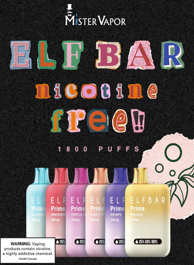 Promotional graphic for Elf Bar nicotine-free vape devices with colorful text and product images.