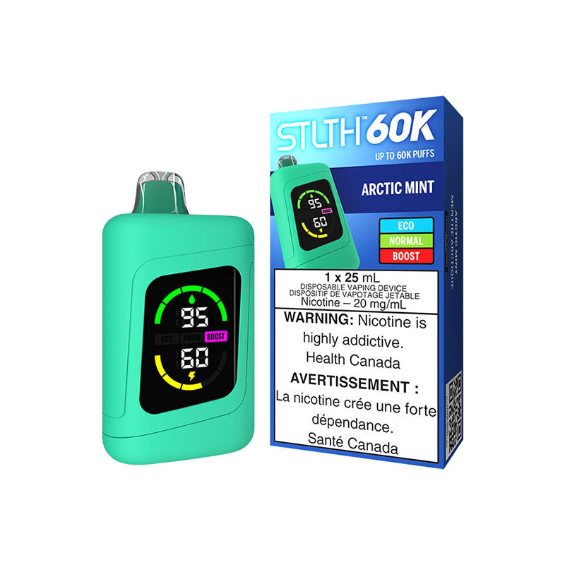 Arctic Mint STLTH 60K Disposable Vape delivers 60,000 puffs of crisp and refreshing, Mint with a clean, icy finish that lingers, powered by a massive 25mL e-liquid capacity. Free delivery Nova Scotia