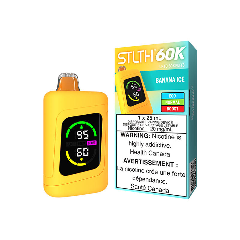 Banana Ice STLTH 60K Disposable Vape delivers 60,000 puffs of smooth, creamy banana flavor, chilled with a refreshing icy finish, powered by a massive 25mL e-liquid capacity. 