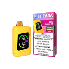 STLTH 60K Disposable Vape Coco Banana Ice delivering 60,000 puffs of, Creamy coconut and rich banana blend with a cooling icy finish, 25mL of e-liquid, and a rechargeable battery for lasting satisfaction. Free delivery Nova Scotia