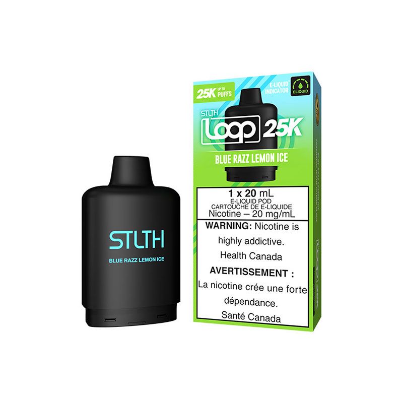 BLUE RAZZ LEMON ICE STLTH LOOP 25K Pods – Enjoy 25,000 puffs of tangy blue raspberry and zesty lemon with a refreshing icy finish. Long-lasting, eco-friendly.