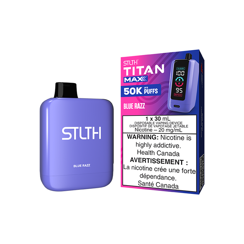 Experience up to 50,000 puffs of bold blue raspberry flavour with the STLTH Titan Max Disposable Vape, featuring 30ML e-liquid for non-stop satisfaction.