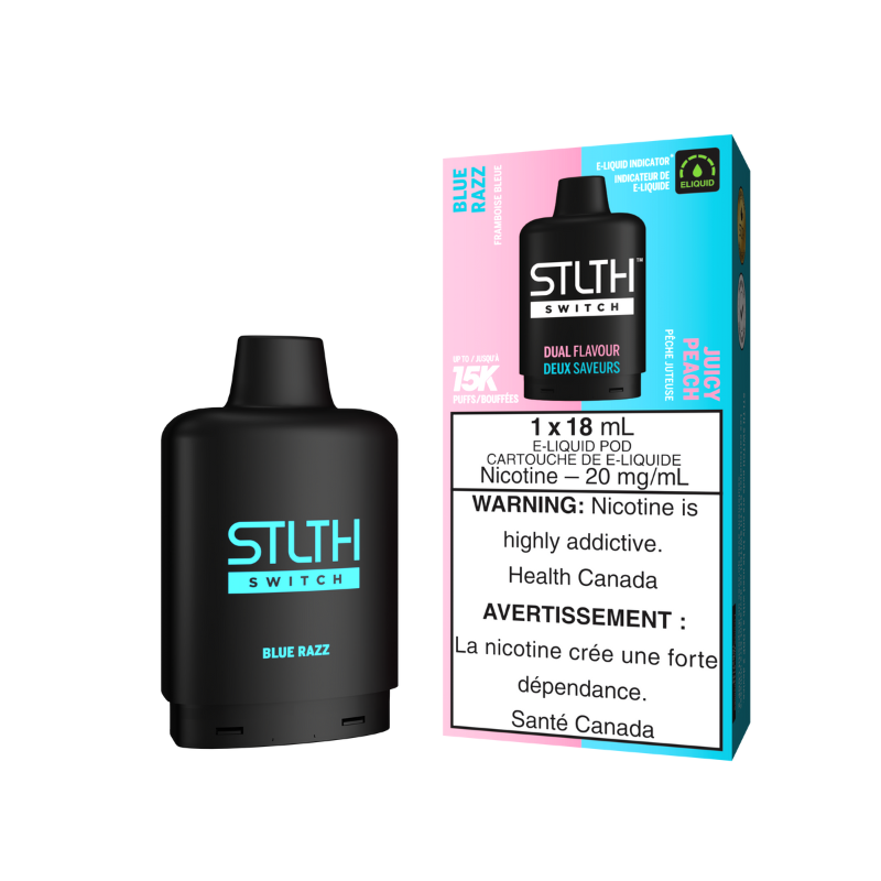 Blue Razz and Juicy Peach Pod Stlth Switch 15000 Puffs the zesty blue raspberry and then flip to the sweet, juicy peach for a delicious surprise! Battery and E-Liquid indicators, Precise Airflow Control, 15000 Puffs, 18ML E-Liquid, Dual Vertical Mesh Coil.